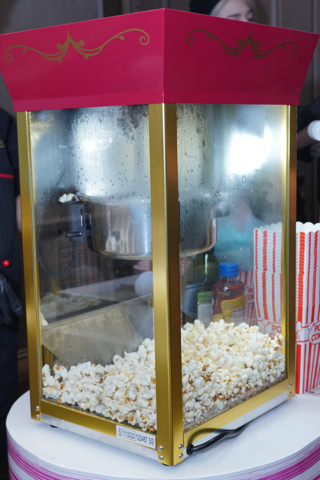Close-up of the My Cafe Fresco popcorn machine at an event