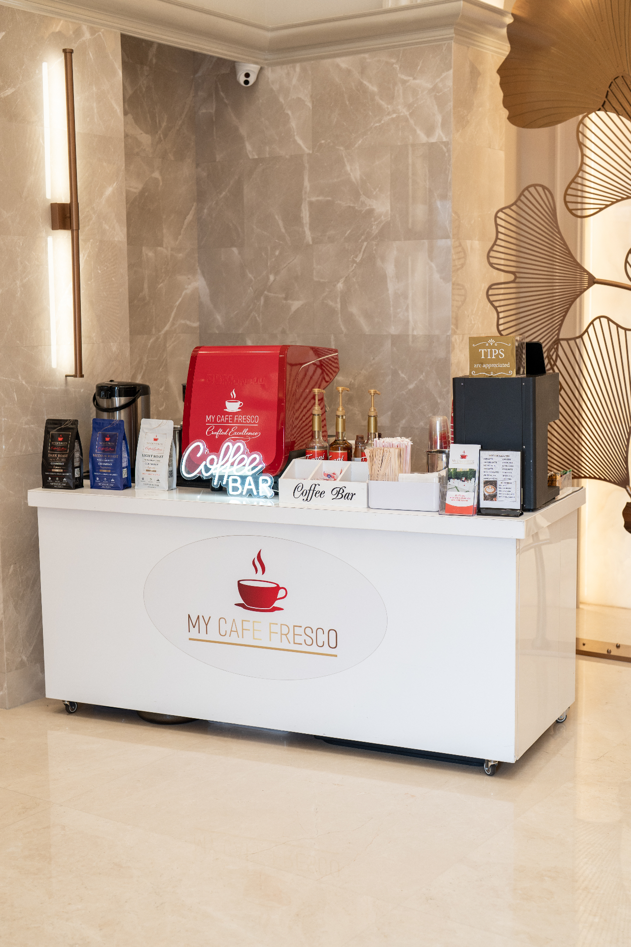 Full My Cafe Fresco espresso bar setup at a Los Angeles venue