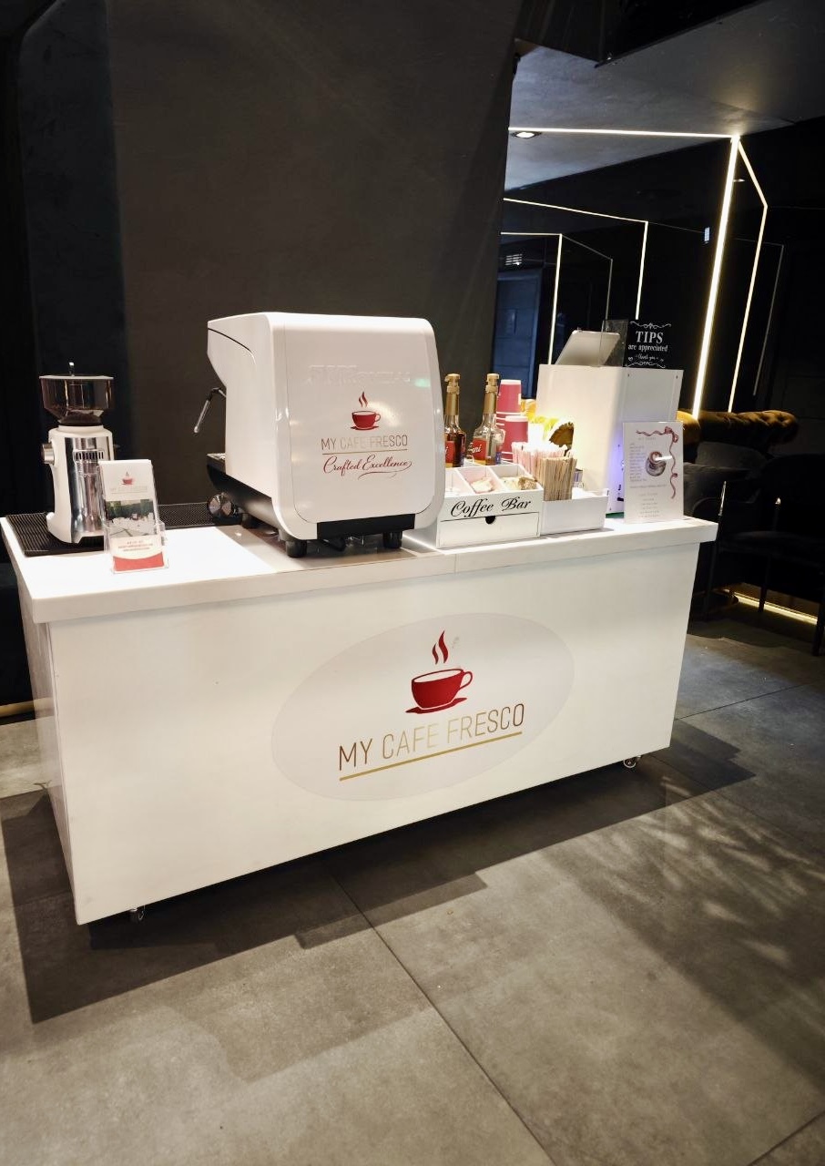 My Cafe Fresco espresso cart styled for an indoor lounge event